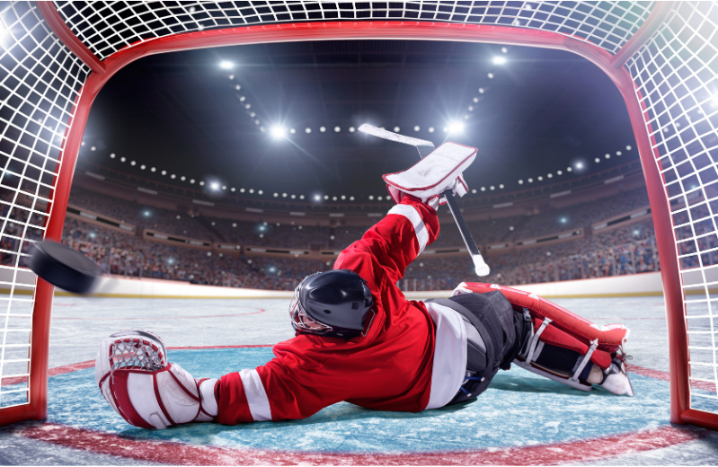 Hockey goalie in the net Back on Track Chiropractic and Acupuncture OVerland Park Kansas.  We treat hockey, baseball, basketball, soccer, wrestling and football injuries to name a few.