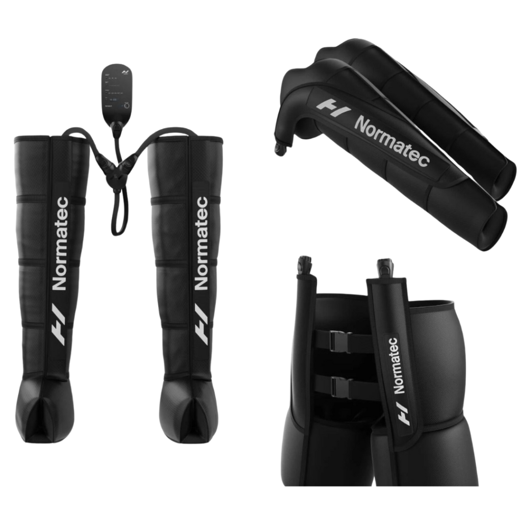 Normatec 3 Recovery System with various attachments.  To use on legs, arms and hips provide compression strategically to reduce soreness, improve blood flow and speed recovery