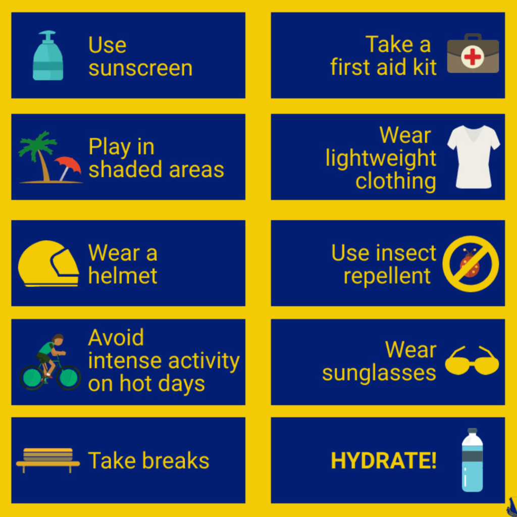 Summer Safety Tips- Sunscreen, First Aid, Stay In Shade, Wear Lightweight Clothing, Wear A Helmet, Use Insect Repellent, Avoid Intense Activity During Hot Part Of Day, Wear Sunglasses, Take Breaks, Hydrate!